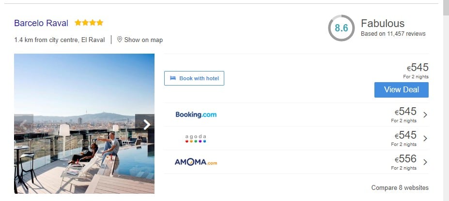 Søkeresultater på hoteller i Barcelona etter søk via Ecosia.