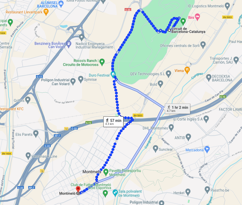 walk to circuit de barcelona from montmelo railway station